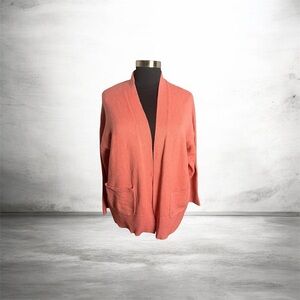 A new Day Granny  Coral Open Cardigan Sweater Long Ribbed Sleeves Patch pocket